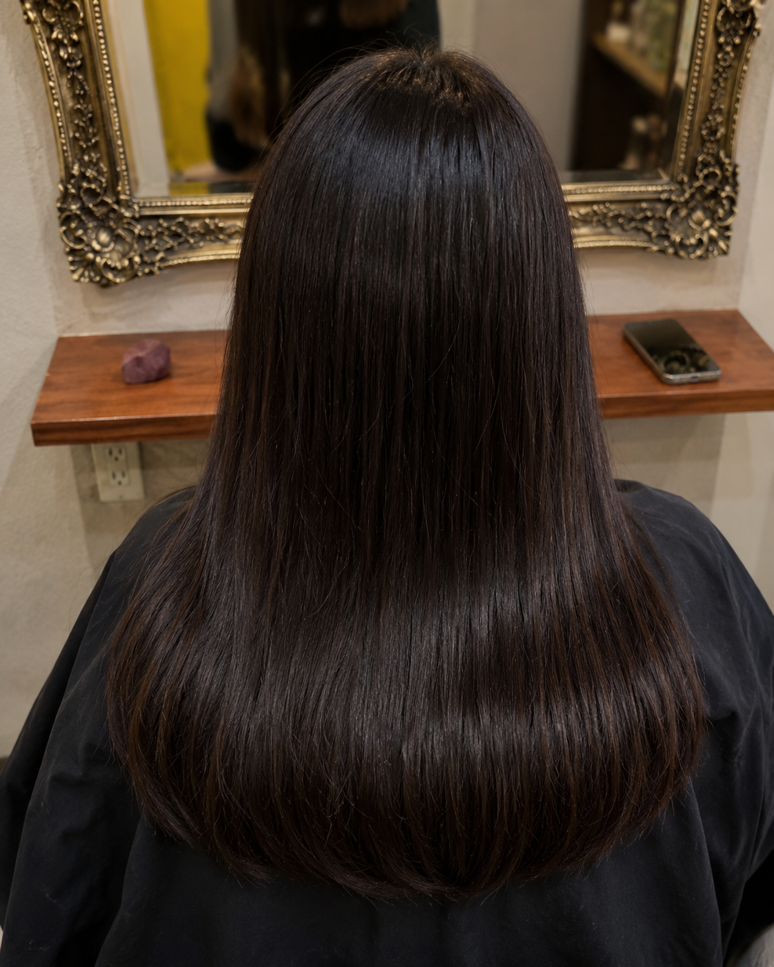 Resultado de Banho de Brilho — cabelo escuro brilhante e hidratado